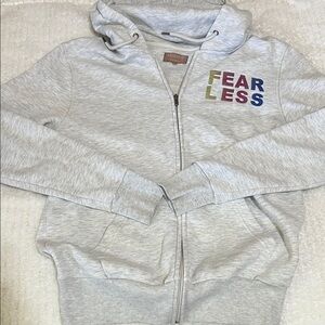 Primark Light Gray Zip-Up Hoodie with Multicolor FEARLESS Print